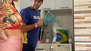 Wife flashes big pussy lips for husband nearby