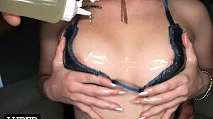 damn gotta stretch this tight pussy around my huge cock she's dripping oil everywhere