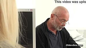 horny old man bends blonde teen 18+ over for doggystyle pounding