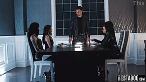 scientist's wild foursome bends over wifes tattooed stepsisters for sloppy big cock pounding