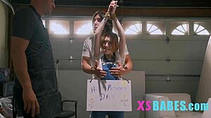 Tiny tied teen enjoys taboo threesome with stepdad on special day