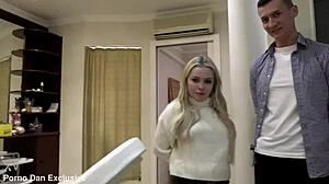 Tiny blonde Haley Spades takes anal creampie in threesome before cuckold landlord