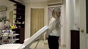 Tiny blonde Haley Spades takes anal creampie in threesome before cuckold landlord