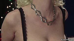 gag on my strapon, bound blonde slave, while i whip your tits!