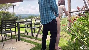 beautiful japanese lady creampied doggystyle by gardener in outdoor bliss