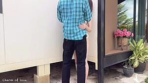 beautiful japanese lady creampied doggystyle by gardener in outdoor bliss