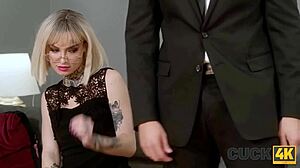 Cuckold hubby watches wife roughly fucked sideways on sofa!