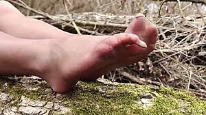 Goddess Spreads Nylon Feet in Forest Teasing Close-Up!