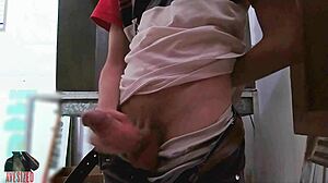 Skinny shop girl sneaks backroom masturbation with huge cock toy