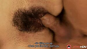 Sweet hairy Asian brunette rides fat cock uncensored