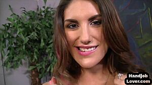 Big titted brunette babe teases boobs and jerks cock pov