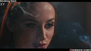 Redhead Audrey Reid smokes while teasing pink pussy before hottest blowjob ride