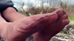 Goddess Spreads Nylon Feet in Forest Teasing Close-Up!