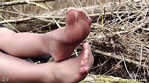 Goddess Spreads Nylon Feet in Forest Teasing Close-Up!