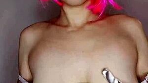 i love masturbating with my big natural tits out and kitty mask on bed