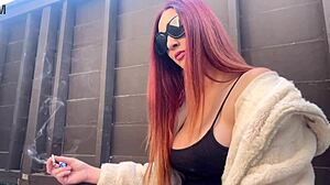 what if european milf artemisia smoked solo outdoors teasing big tits?