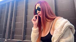 what if european milf artemisia smoked solo outdoors teasing big tits?