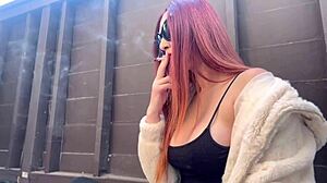 what if european milf artemisia smoked solo outdoors teasing big tits?