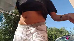 hey hot mom flashing pierced pussy nipples outdoors?