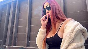 what if european milf artemisia smoked solo outdoors teasing big tits?