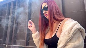 what if european milf artemisia smoked solo outdoors teasing big tits?