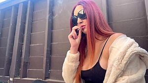 what if european milf artemisia smoked solo outdoors teasing big tits?