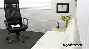 Busty milf counselor blows couple in office threesome therapy