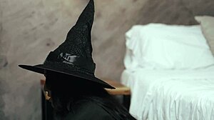 Petite halloween witch bends over bed for stranger's cock on spooky night