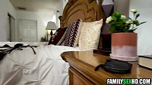 blindfolded skinny stepmom's shaved pussy banged hard by young stepson