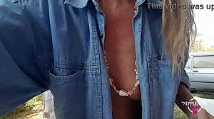 Nippleringlover kinky milf plays with pierced pussy nipples outdoors extreme