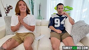 blindfolded skinny stepmom's shaved pussy banged hard by young stepson