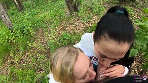 Girlfriends slurp huge cocks in outdoor threesome