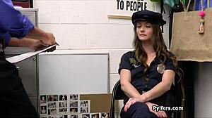 Brunette Teen in Fake Police Uniform Fucked Bent Over Office Desk Doggystyle