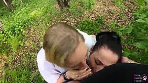Girlfriends slurp huge cocks in outdoor threesome
