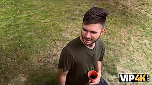 Tattooed Blonde Greta Foss Fucks Hunter Desperately in Forest