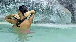 Monika Fox struts sexy pink bikini poolside flaunting fake tits tattoos outdoors