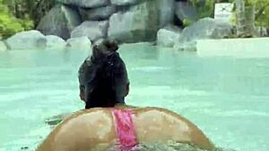 Monika Fox struts sexy pink bikini poolside flaunting fake tits tattoos outdoors