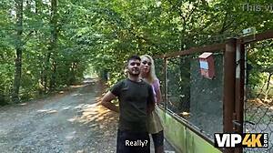 Tattooed Blonde Greta Foss Fucks Hunter Desperately in Forest