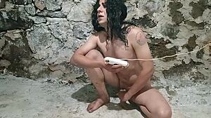 Flip-Flop Stretches Shemale's Gaping Ass in Crossdressing Toy Play