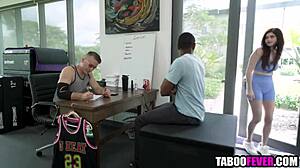 stepdaughter gets dped hard by big cocks in the gym workout