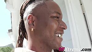 Shy petite teen Amber Summer kisses big black sausage deep