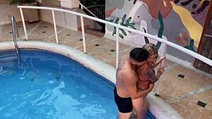 Skinny Colombian blonde fucked hard in hotel pool while boyfriend sleeps