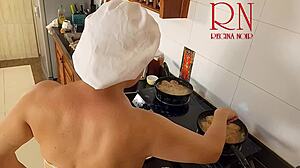 Naked housewife regina noir cooks nude in kitchen