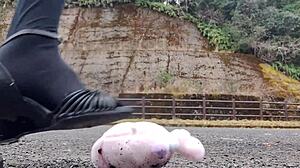 Japanese crossdresser crushes toys in fetish play