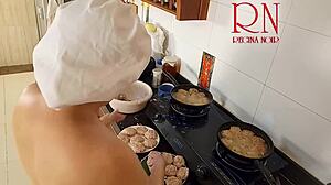 Naked housewife regina noir cooks nude in kitchen