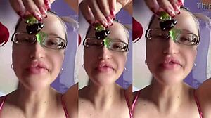 Chewing up huge food fetish treats while fucking tall glasses babe missionary