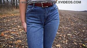 milf teases her big cameltoe through tight jeans outside