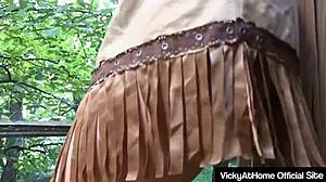 vicky vette fingers wet pussy lips in sexy outdoor costume tease