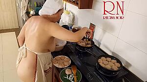 Naked housewife regina noir cooks nude in kitchen
