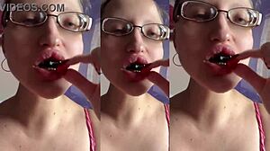 Chewing up huge food fetish treats while fucking tall glasses babe missionary